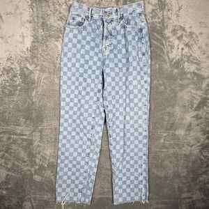 Pacsun Womens High Rise Mom Jeans Size 25 Blue Checkerboard Denim Button‎ Fly